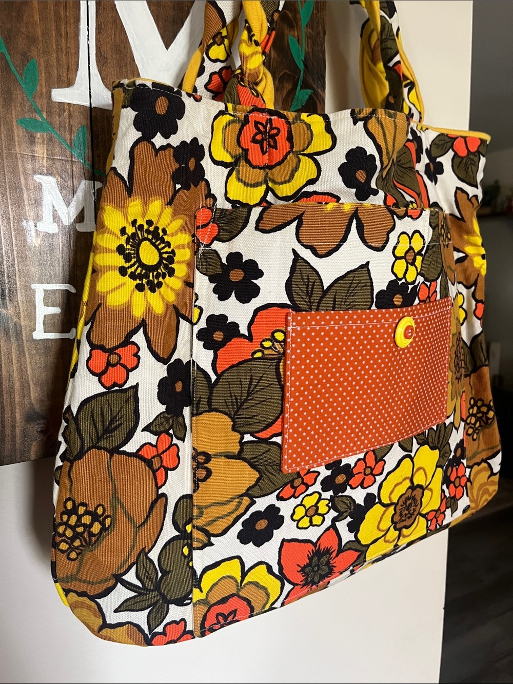 Floral Reversible Canvas Tote Book Bag Yellow Orange Brown Handcrafted Upcycled